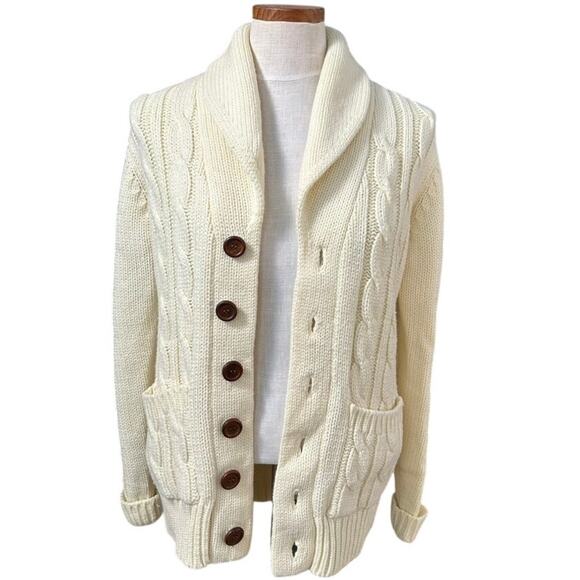 Vintage Wickbury Cable Knit Cardigan S Cream Shawl Collar Wood Buttons Cozy - Picture 3 of 10